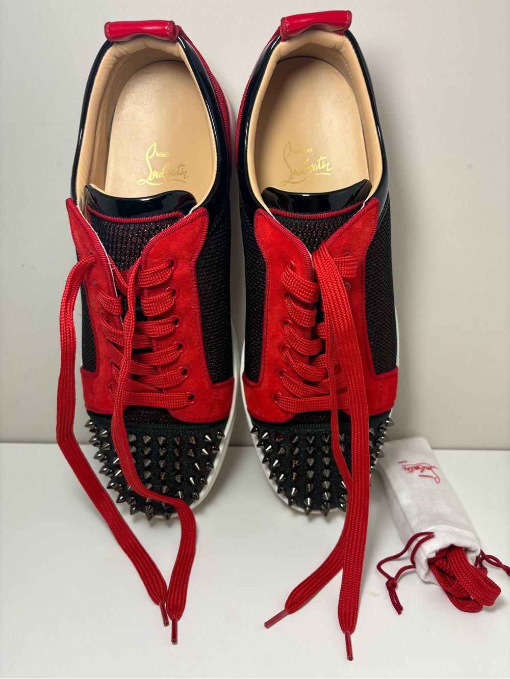 Christian Louboutin Red and Black Junior Spikes Orlato Flat CLF GLIT/MESH GLIT